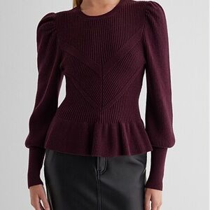 EXPRESS burgundy women’s XL ribbed knit sweater, peplum hem & puff sleeves.